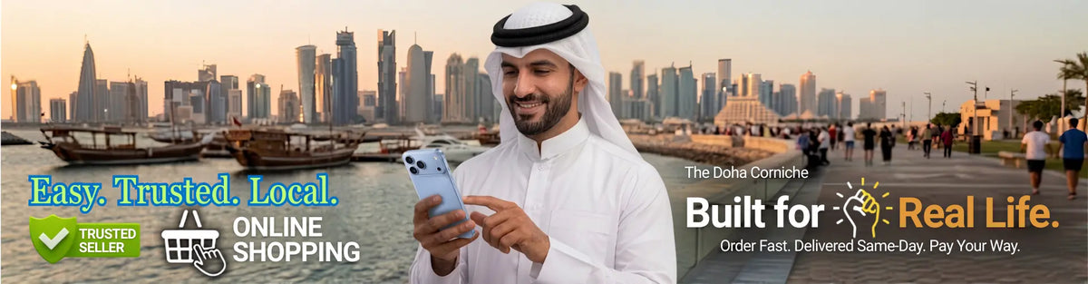 Promotional banner featuring a man in traditional Middle Eastern attire holding a smartphone in front of a city skyline and waterfront scene. Text overlays include 'Easy Trusted', 'Online Shopping', 'The Doha Corniche', and 'Built for Real Life.