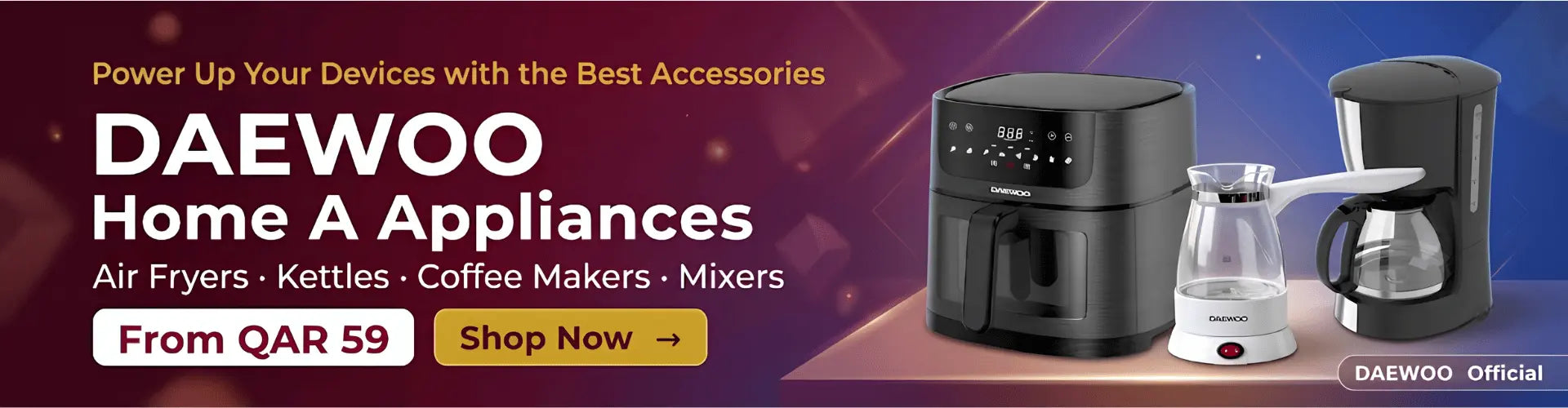 Advertisement for Daewoo home appliances with product images and promotional text on a red background.