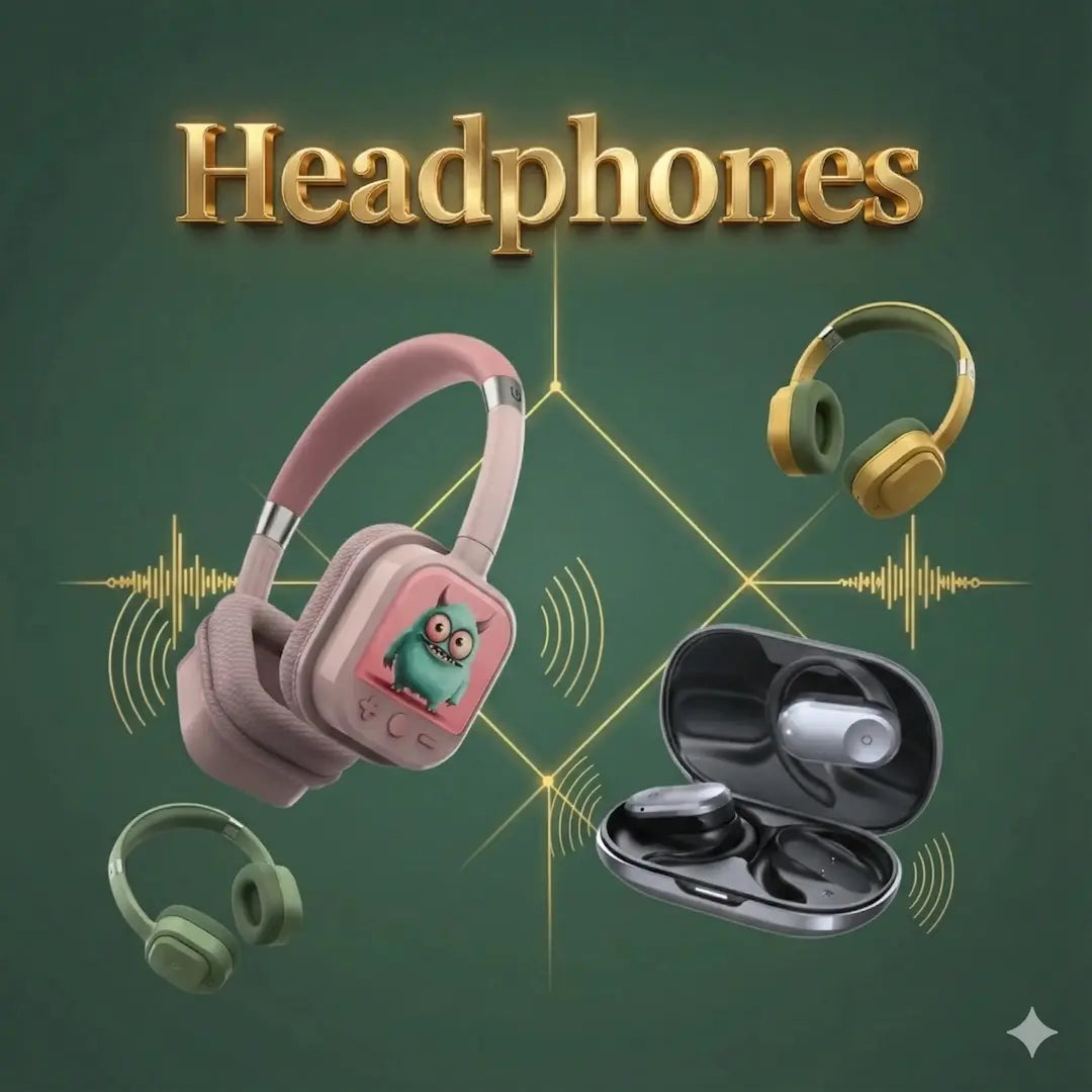 Headphones with a pink case featuring an owl design on a green background