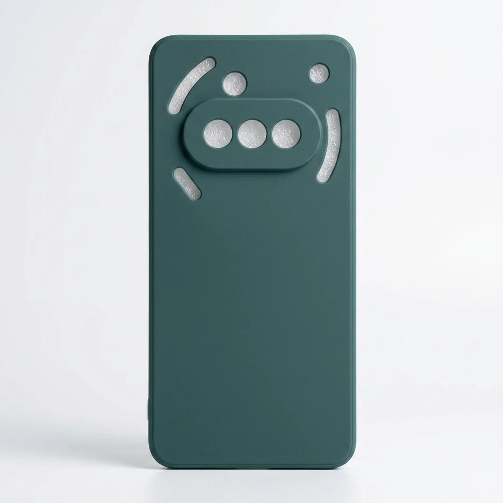 A dark teal green phone case with a minimalist, modern design featuring a raised central bar with three circular cutouts and curved accent cutouts, shown on a light gray background.
