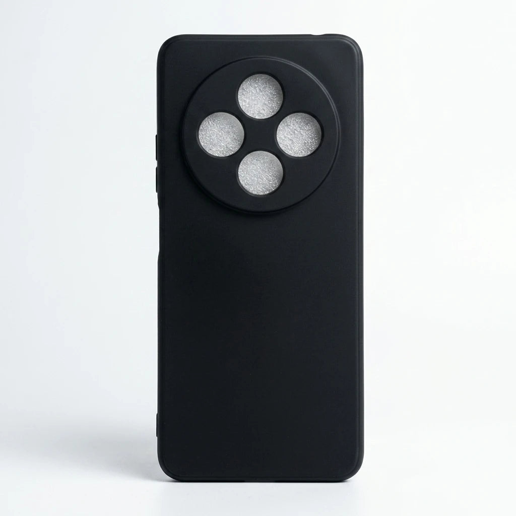 A matte black phone case with a circular camera cutout containing four circular cutouts, shown on a light gray background.