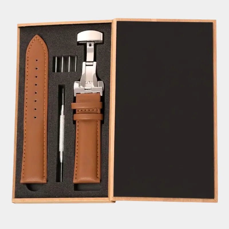 20mm Premium Butterfly Buckle PU Leather Watch Strap for Men - Dohans Essentials - qatar
