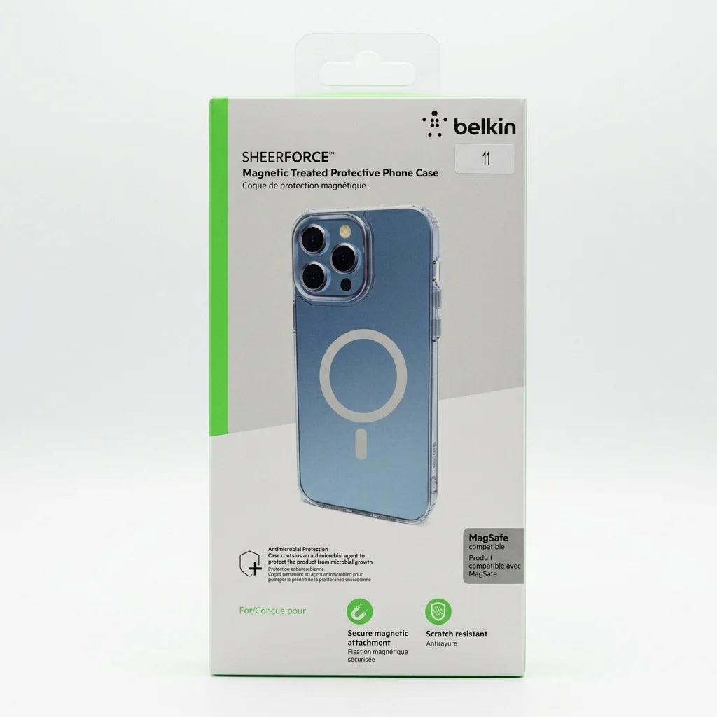 Belkin Sheerforce Magnetic Treated Protective Phone Case in blue, shown in its original retail packaging against a white background.
