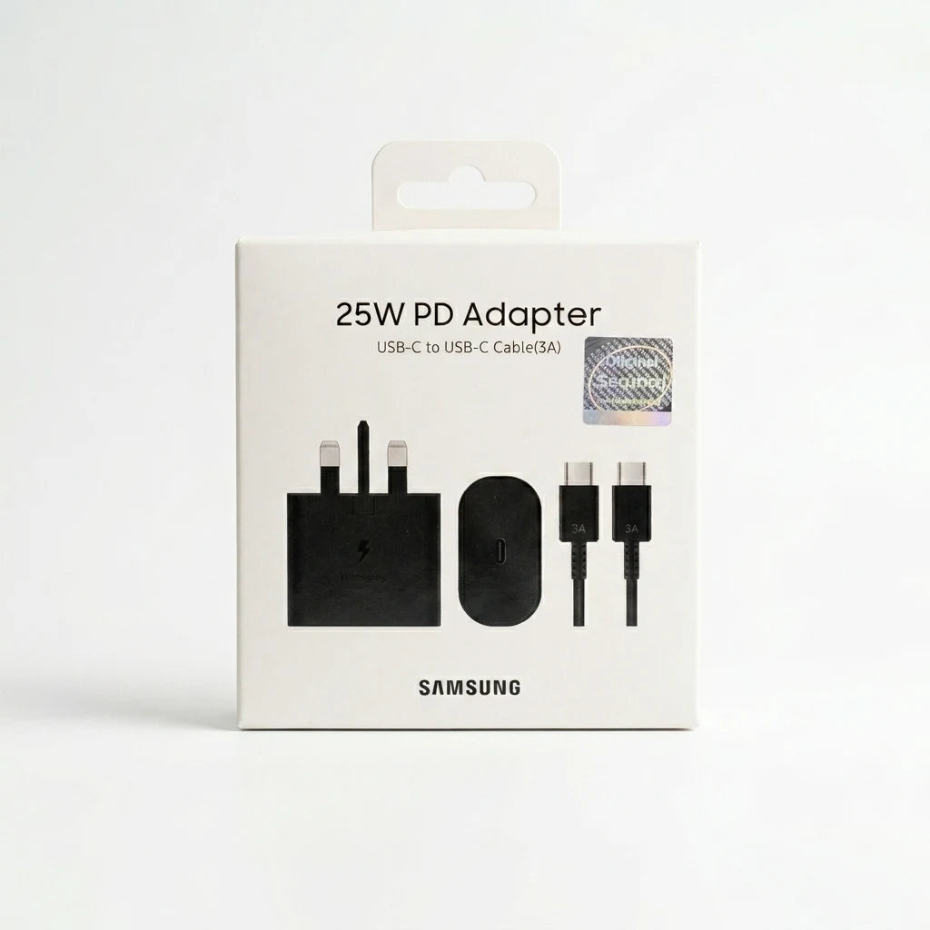 Samsung 25W PD Adapter packaging with USB-C to USB-C cable on a white background