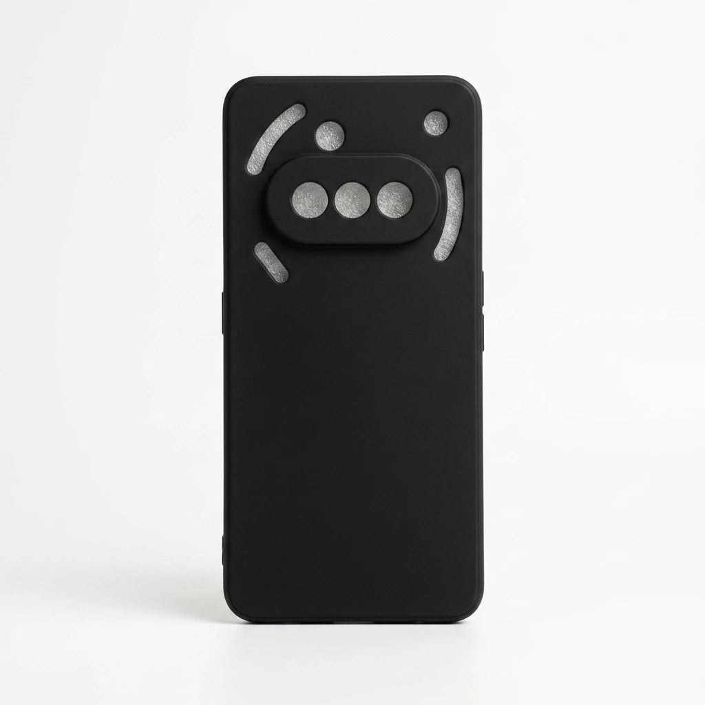 A matte black protective phone case with a minimalist, abstract design featuring circular and curved cutouts, shown on a light gray background.