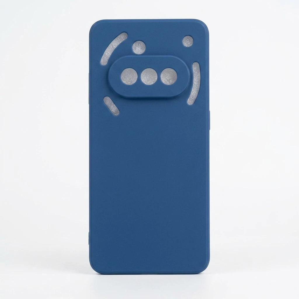 A blue protective phone case with a custom cutout design for a Google Pixel smartphone, shown against a plain white background.
