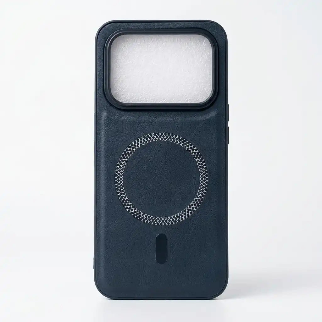 A dark navy blue phone case with a textured leather-like finish, featuring a circular MagSafe-compatible ring design and a camera cutout at the top, shown on a light gray background.