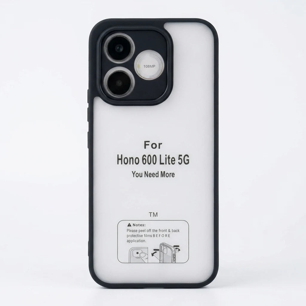 A white phone case with a black bumper frame, featuring humorous printed text that reads 'For Hono 600 Lite 5G You Need More' and a small instruction graphic near the bottom.