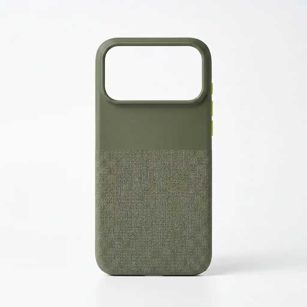 An olive green phone case with a textured fabric lower half and a smooth upper half, shown on a clean white background.