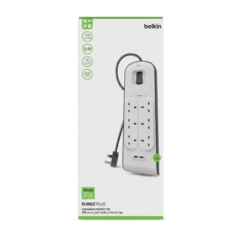 Belkin SurgePlus 6-Outlet Power Extension, 2 USB Ports, 2m Cable