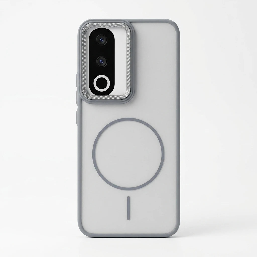 A light gray protective phone case with a dark gray MagSafe-compatible ring design on the back, shown on a clean white background.