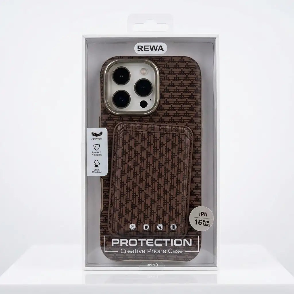 REWA Creative Phone Case in its retail packaging, featuring a brown textured monogram pattern and a front card pocket, shown on a clean white background.