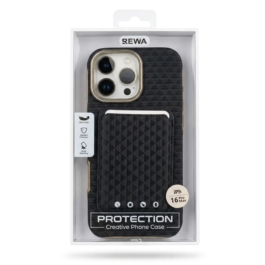 REWA iPhone 16 Pro case in its retail packaging, featuring a black carbon fiber textured design with a built-in card slot.