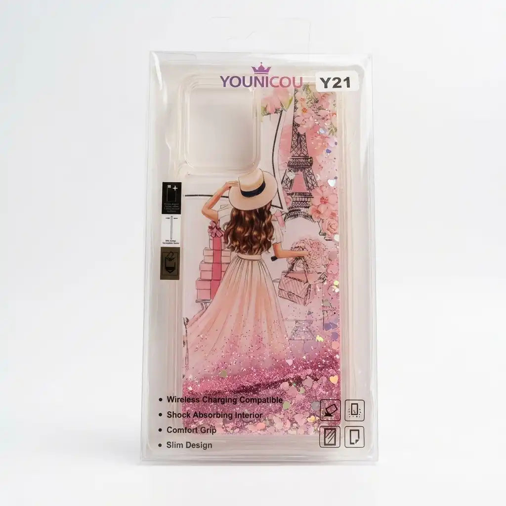 A Younicou Y21 wireless charging computer case in its retail packaging, featuring a pink and white Paris-themed illustration with a woman in a dress and Eiffel Tower.