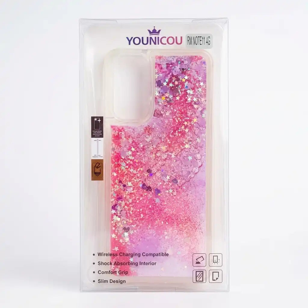 A Younicou pink and purple glitter phone case in its original clear plastic retail packaging, shown against a plain white background.