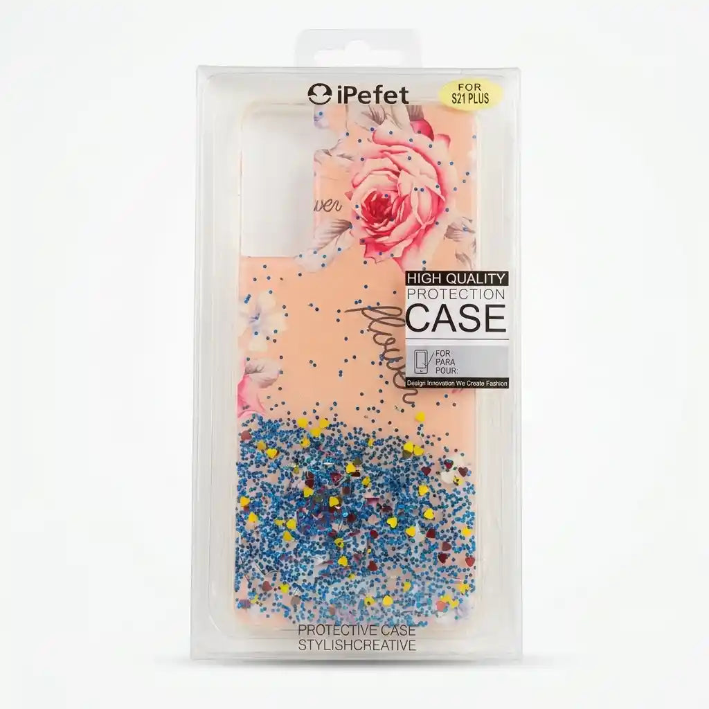 iPefet brand phone case in its clear plastic retail packaging, featuring a peach and pink rose design with blue, yellow, and red glitter accents.