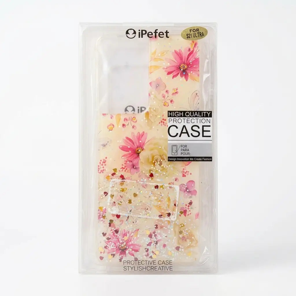 iPefet High Quality Protection Case in clear packaging, featuring a cream-colored floral design with pink and yellow flowers and gold glitter.