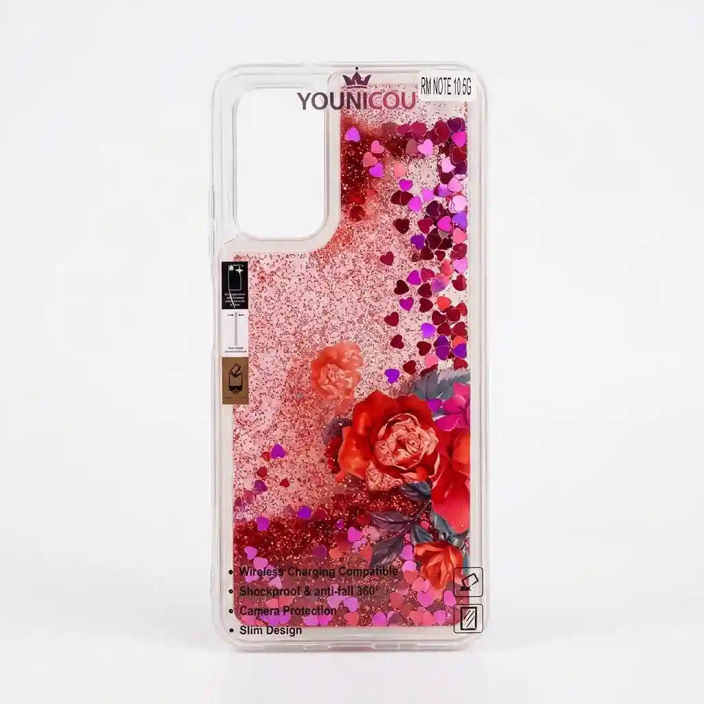 A clear smartphone case with a pink glitter-filled design, featuring red roses and heart-shaped confetti, shown on a white background.