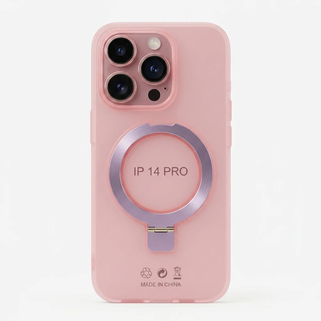 A light pink protective phone case for an iPhone, featuring a built-in metallic MagSafe-compatible ring on the back with a fold-out kickstand.