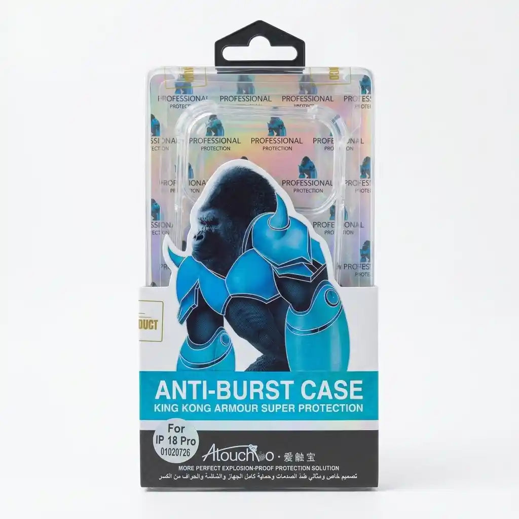 A retail-packaged anti-burst phone case featuring a blue gorilla graphic and text reading 'ANTI-BURST CASE KING KONG ARMOUR SUPER PROTECTION' on a white background.