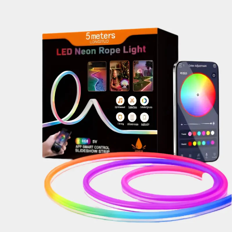 LED Neon Rope Light set with packaging and smartphone app on a white background