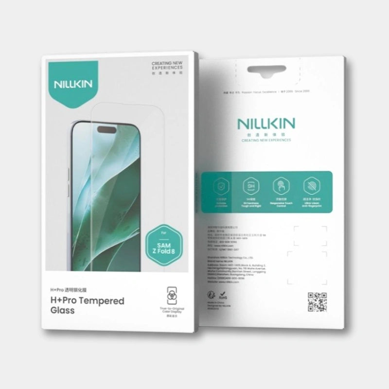 NILLKIN H+Pro tempered glass screen protector packaging, showing the front box with a smartphone graphic and the back panel with product details and icons, on a light gray background.