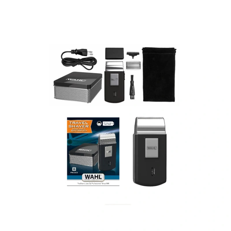 WAHL travel shaver kit with black and silver electronic shaver, travel adapter, cleaning brush, storage pouch, power cord, and retail box on a white background.
