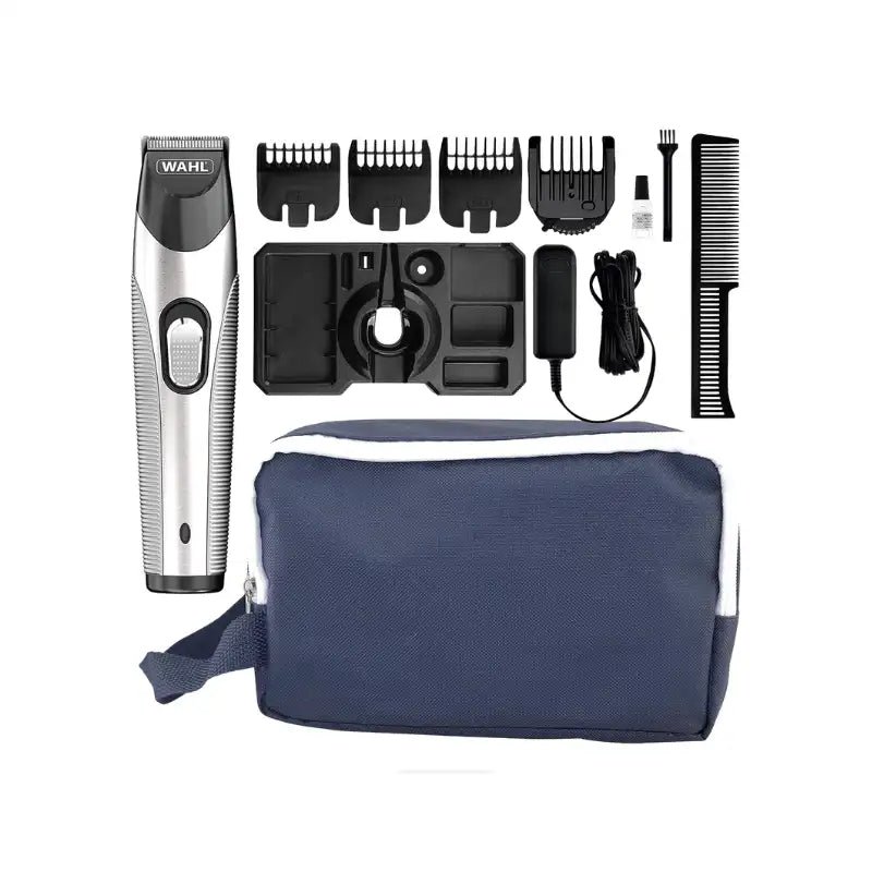 A Wahl cordless hair trimmer kit with a silver and black trimmer, multiple black guide combs, a black cleaning tray, a black charging cable, a black comb, and a navy blue zippered carrying case on a white background.