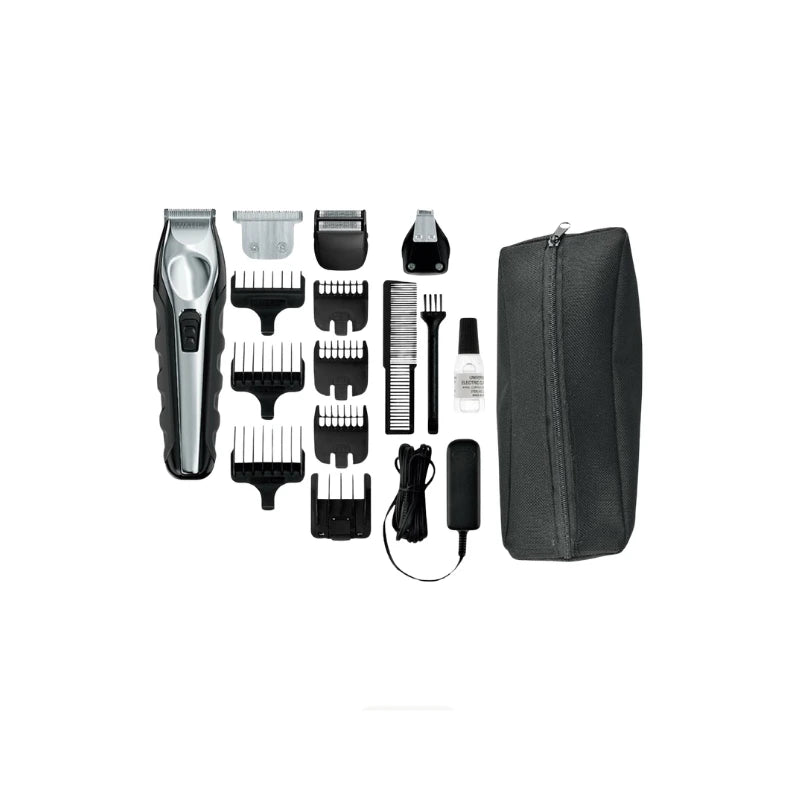 A hair trimmer kit with a silver and black electric trimmer, multiple black guide combs, a comb, a small bottle, a cord, a black accessory piece, and a black zippered carrying case on a plain white background.