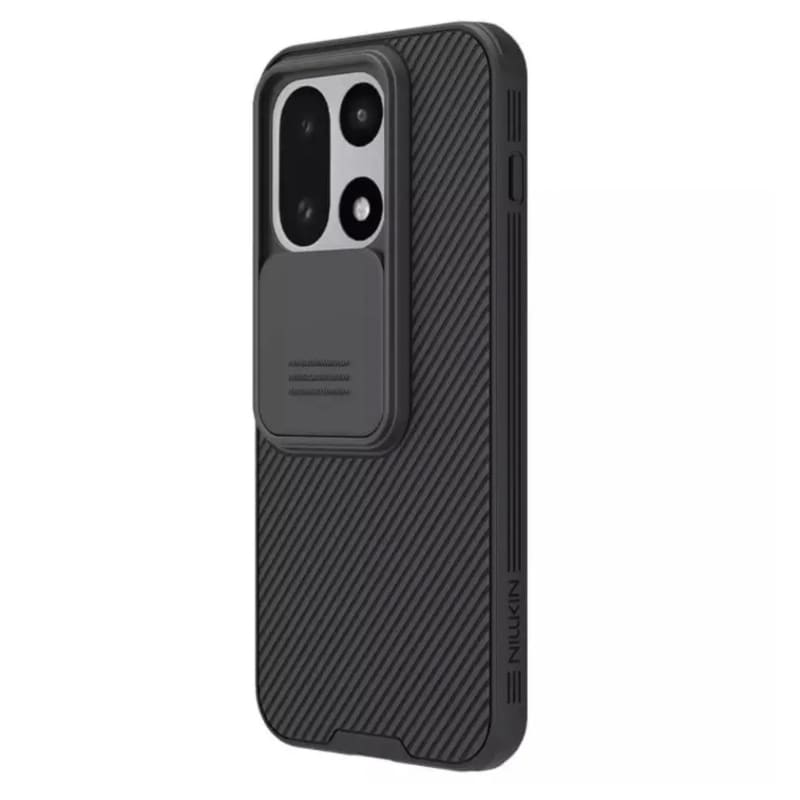 A black carbon fiber textured phone case with a built-in magnetic card holder, shown on a white background.