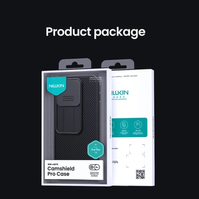 NILKIN phone case packaging with black phone case and white box on a black background