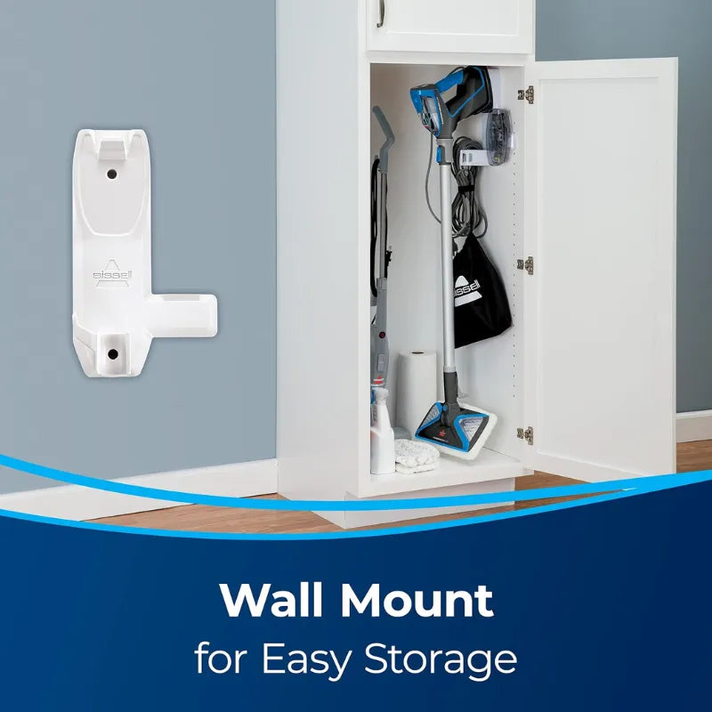 White wall-mounted storage hook shown beside an open white cabinet with cleaning supplies inside, with text at the bottom reading 'Wall Mount for Easy Storage'.