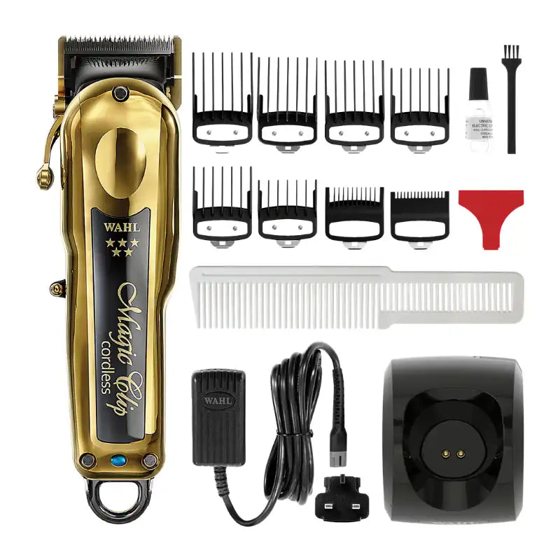 Gold and black Wahl Magic Cut cordless hair clippers shown with multiple guide combs, a white comb, a cleaning brush, a small bottle, a charging cable, a charger, and a power adapter on a white background.
