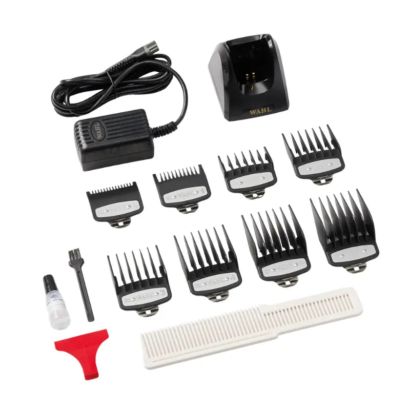 A hair clipper kit with multiple black guide combs, a white comb, a black charging base, a black power cord, a small cleaning brush, a clear spray bottle, and a red cleaning insert, all arranged on a white background.