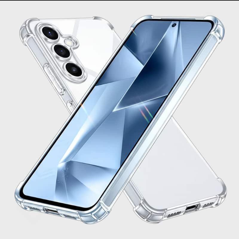 Clear phone case on a smartphone with a light blue gradient background
