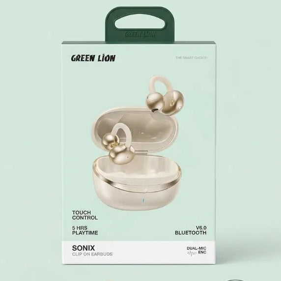 SONIX Green Lion Bluetooth 5.0 open-ear wireless earbuds retail packaging, featuring a pale mint green box with product illustrations, feature callouts, and technical specifications.