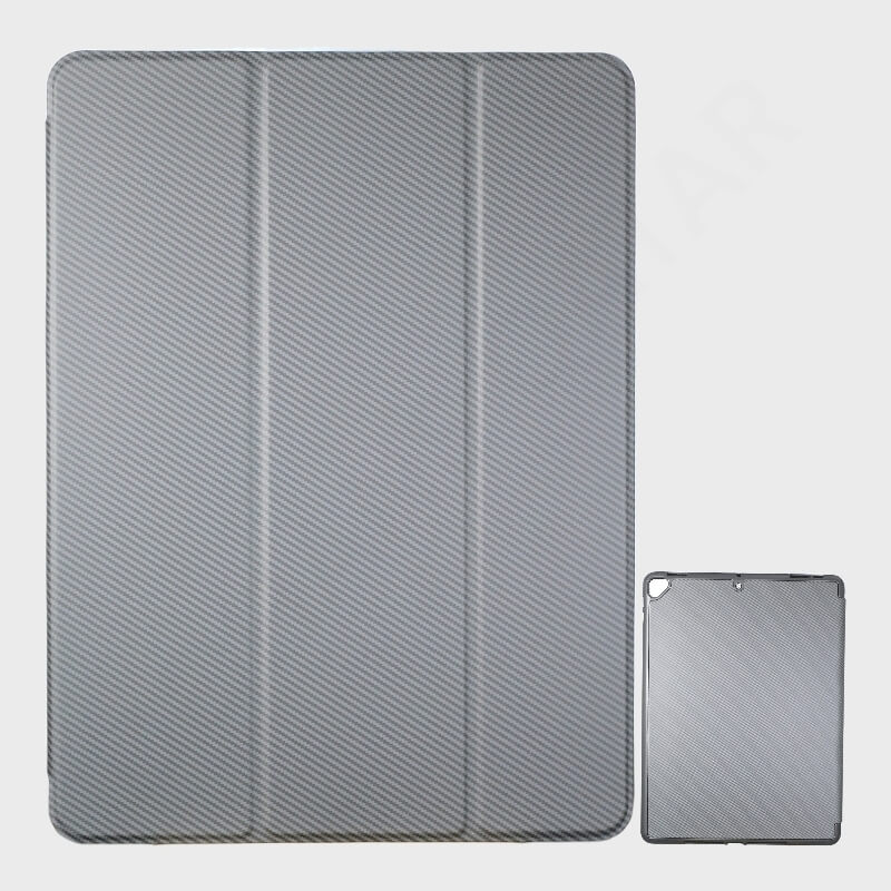 Carbon fiber texture case for a tablet on a light gray background