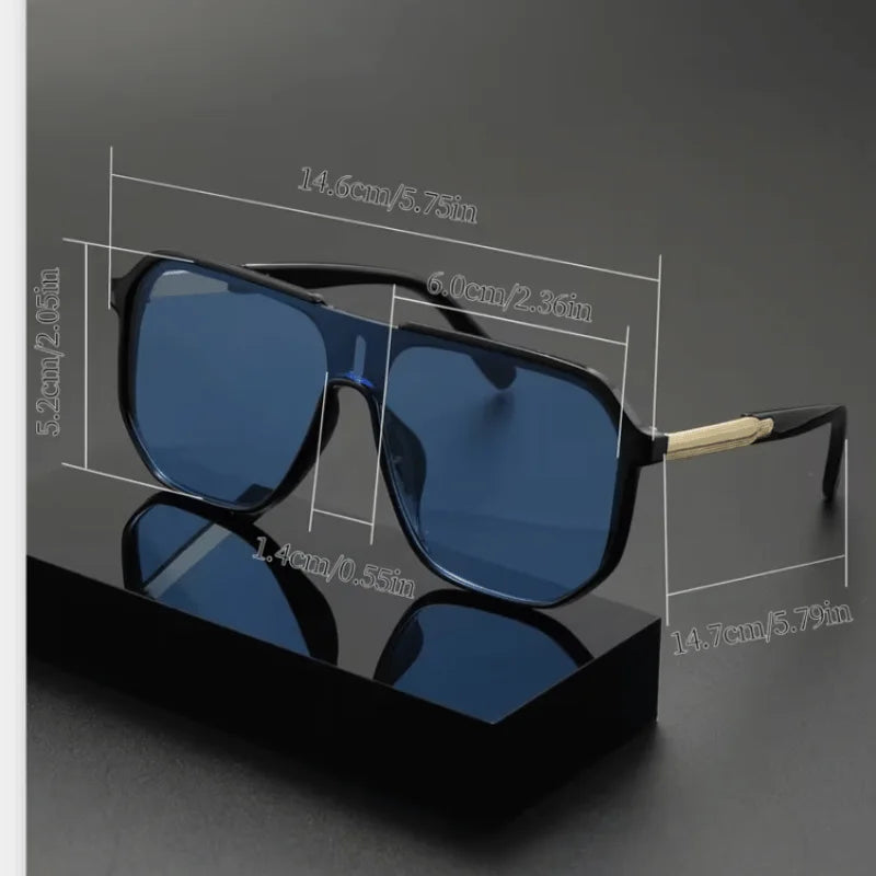 Sunglasses with blue lenses and black frame, shown with measurements on a dark background