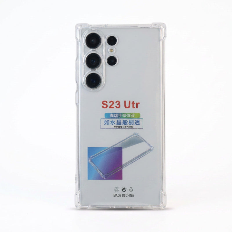 A clear protective phone case for a Samsung Galaxy S23 Ultra, shown on a white phone against a clean white background. The case features printed Chinese text and a graphic indicating it is 'S23 Utr' with a translucent finish.