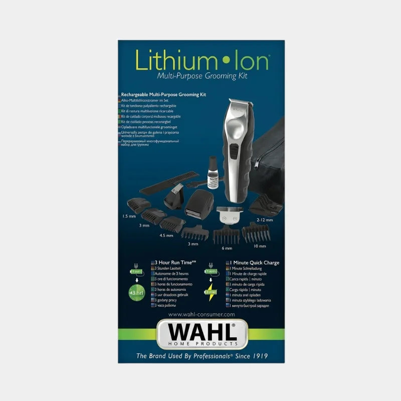 Wahl Lithium-Ion Multi-Purpose Grooming Kit packaging card, showing the cordless clipper and several grooming attachments on a dark blue background with white and green text.