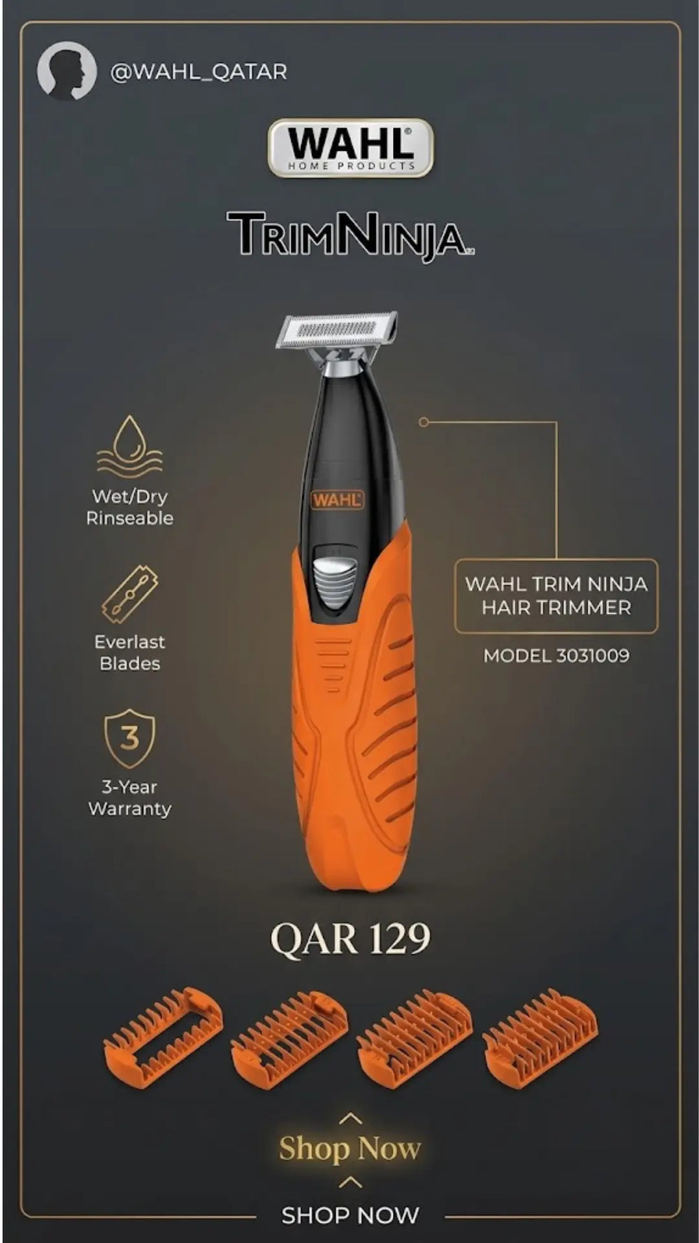 Wahl TrimNinja Hair Trimmer in orange and black, shown on a dark gray promotional background with four orange guard combs and text including 'Wahl QAR 129' and 'Shop Now'.