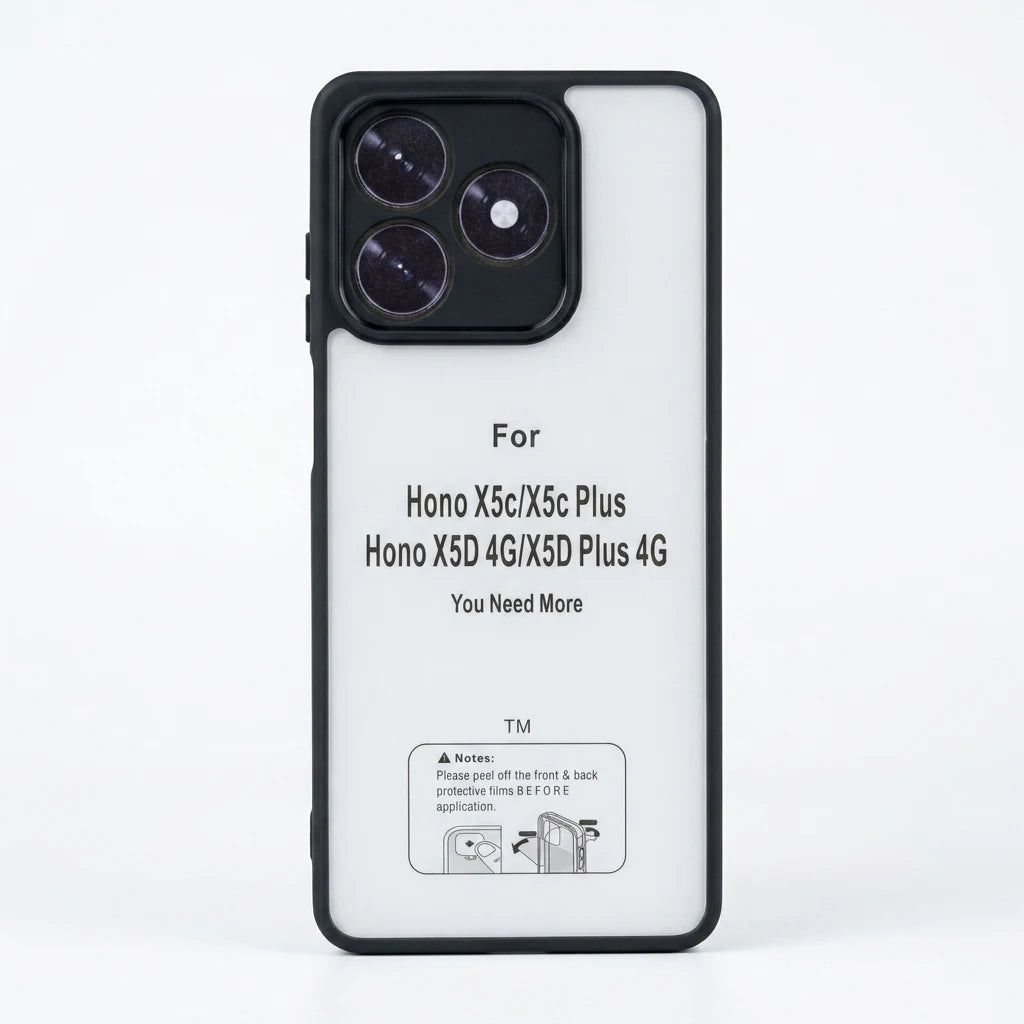 A white phone case with a black bumper frame, featuring compatibility text for Hono X5c/X5c Plus, Hono X5D 4G/X5D Plus 4G, and a small installation notes graphic at the bottom.