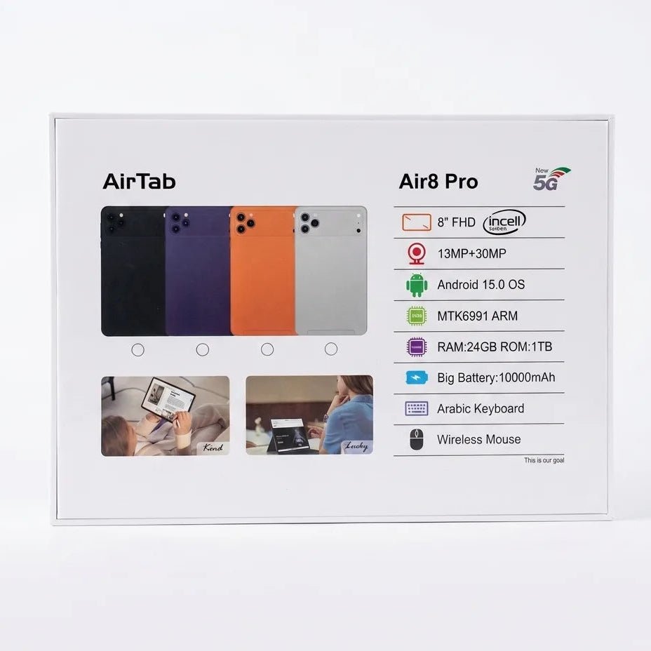 AirTab Air8 Pro Tablet 24GB RAM 1TB Android 15 5G with 10000mAh Battery, 30MP Camera, Arabic Keyboard & Wireless Mouse - Dohans Essentials - qatar
