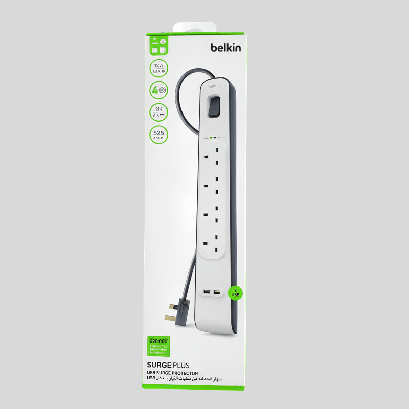 Belkin SurgePlus 4-Outlet Power Extension, 2 USB Ports, 2m Cable, 12W - Dohans Essentials - qatar