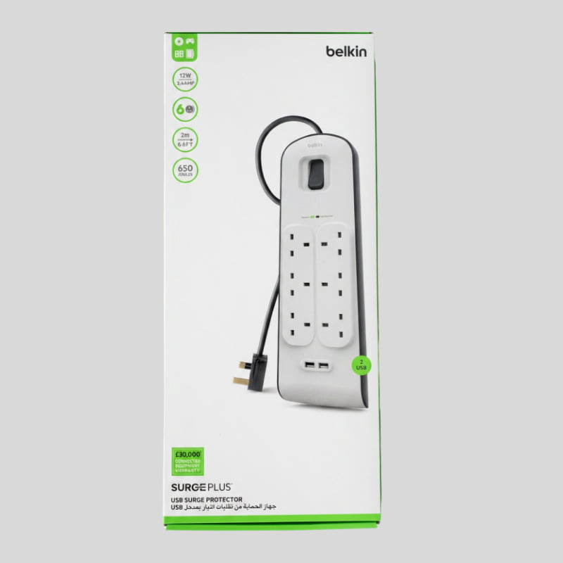 Belkin SurgePlus 6-Outlet Power Extension, 2 USB Ports, 2m Cable - Dohans Essentials - qatar