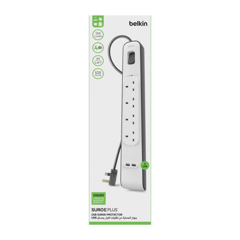 Belkin SurgePlus 4-Outlet Power Extension, 2 USB Ports, 2m Cable, 12W