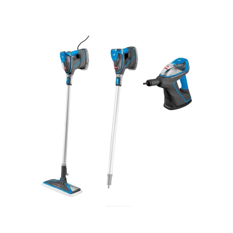 A cordless floor cleaner and steam cleaner set shown on a plain white background, including two upright handheld units with long silver poles and a separate handheld steam attachment.