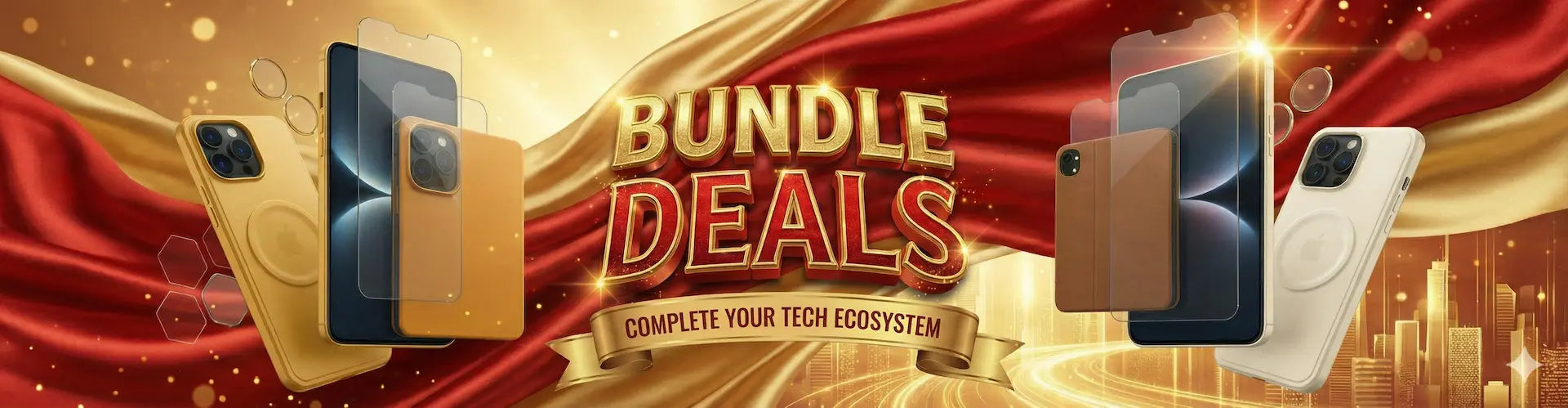Promotional banner for bundle deals with smartphones on a red and gold background