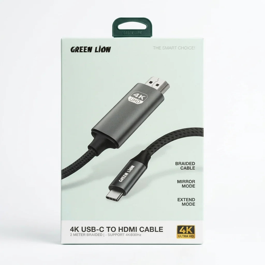 Green Lion 4K USB-C to HDMI cable in its original packaging, featuring a light mint green box with a black braided cable and connector shown on the front.