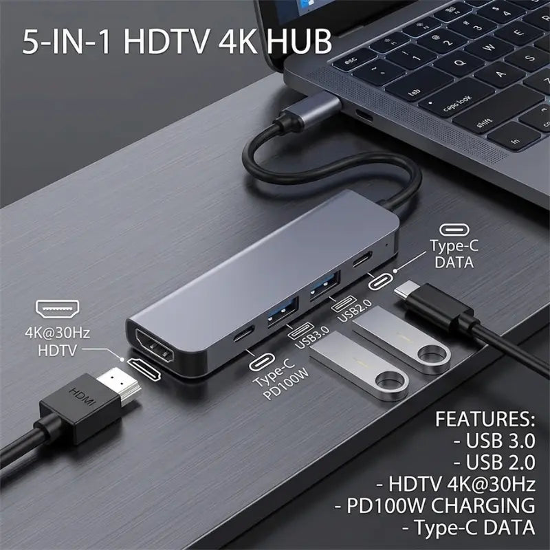 5-in-1 USB-C Hub 4K HDMI 100W PD Charging High-Speed USB Multiport Adapter MacBook Samsung HP